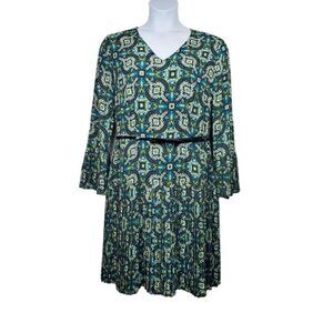The Limited Womens Long Sleeve Green Tile Print Belted Pleated Dress Size 14 NWT